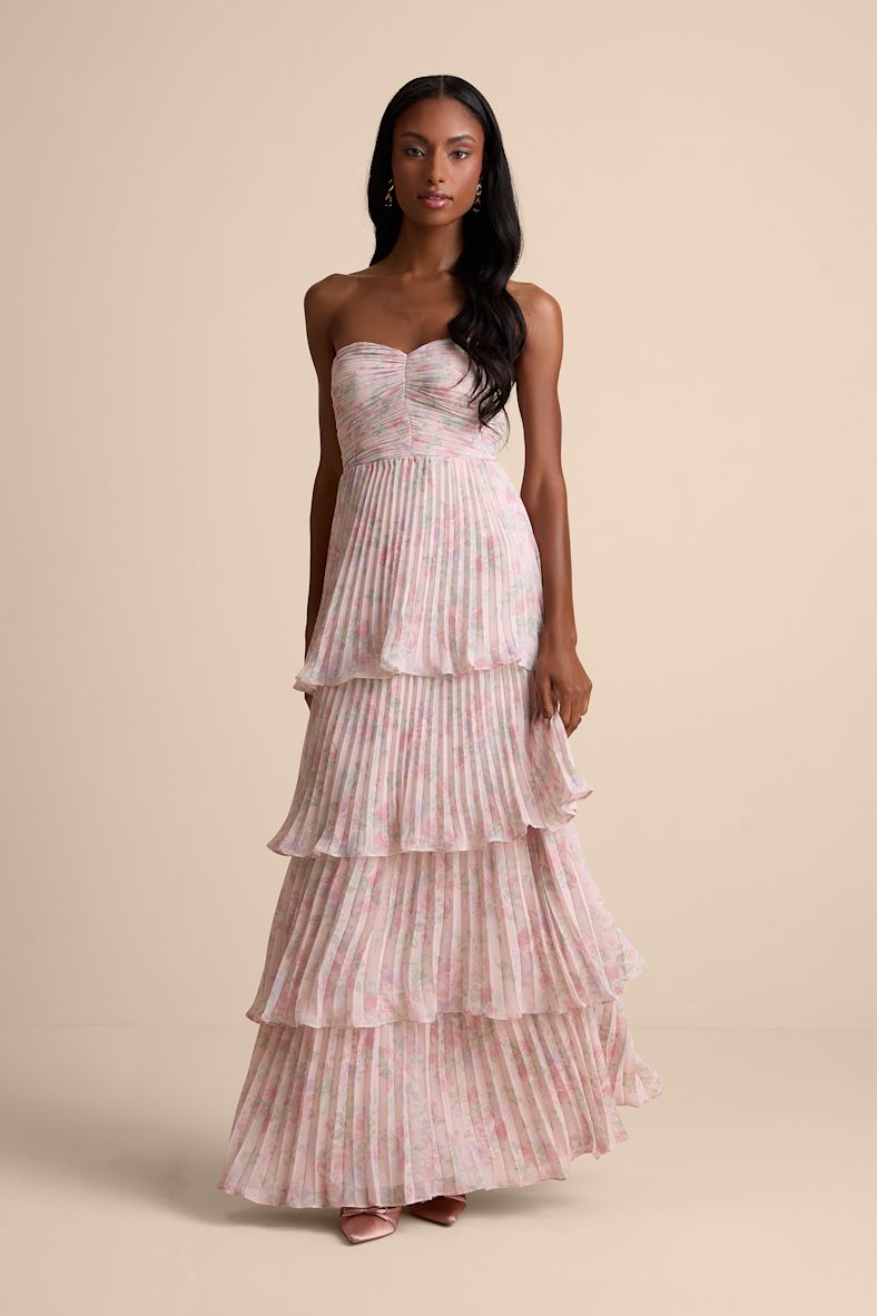 Seriously Sensational Blush Floral Strapless Tiered Maxi Dress
