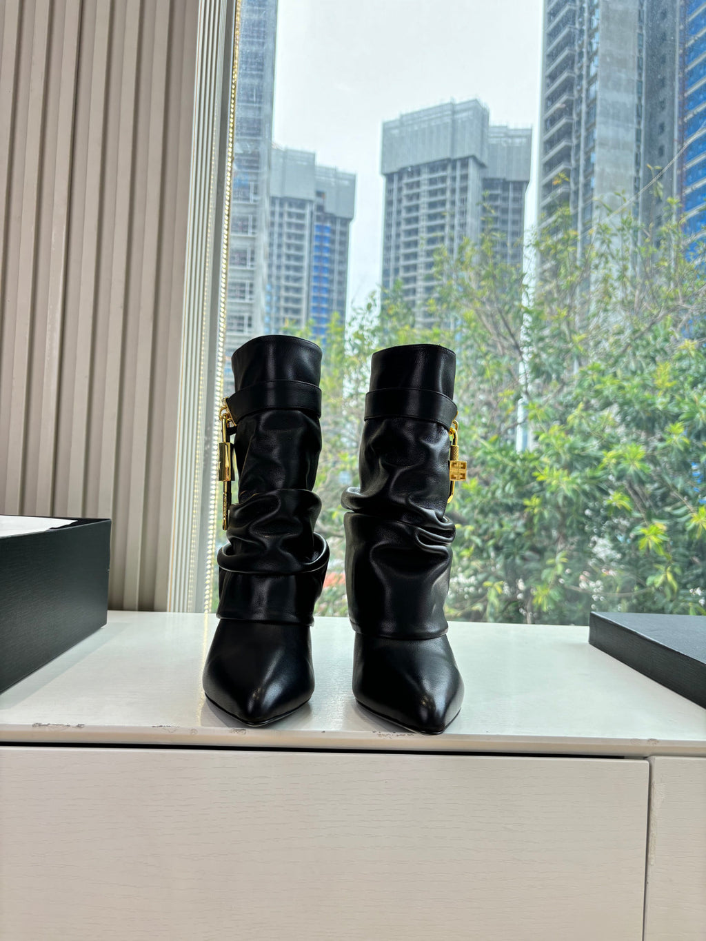 Givenchy Women's New Style Cavalier Boots Glossy Leather Boots Leather Strap Metal Buckle Asymmetric 4G LOGO Metal Padlock #333020