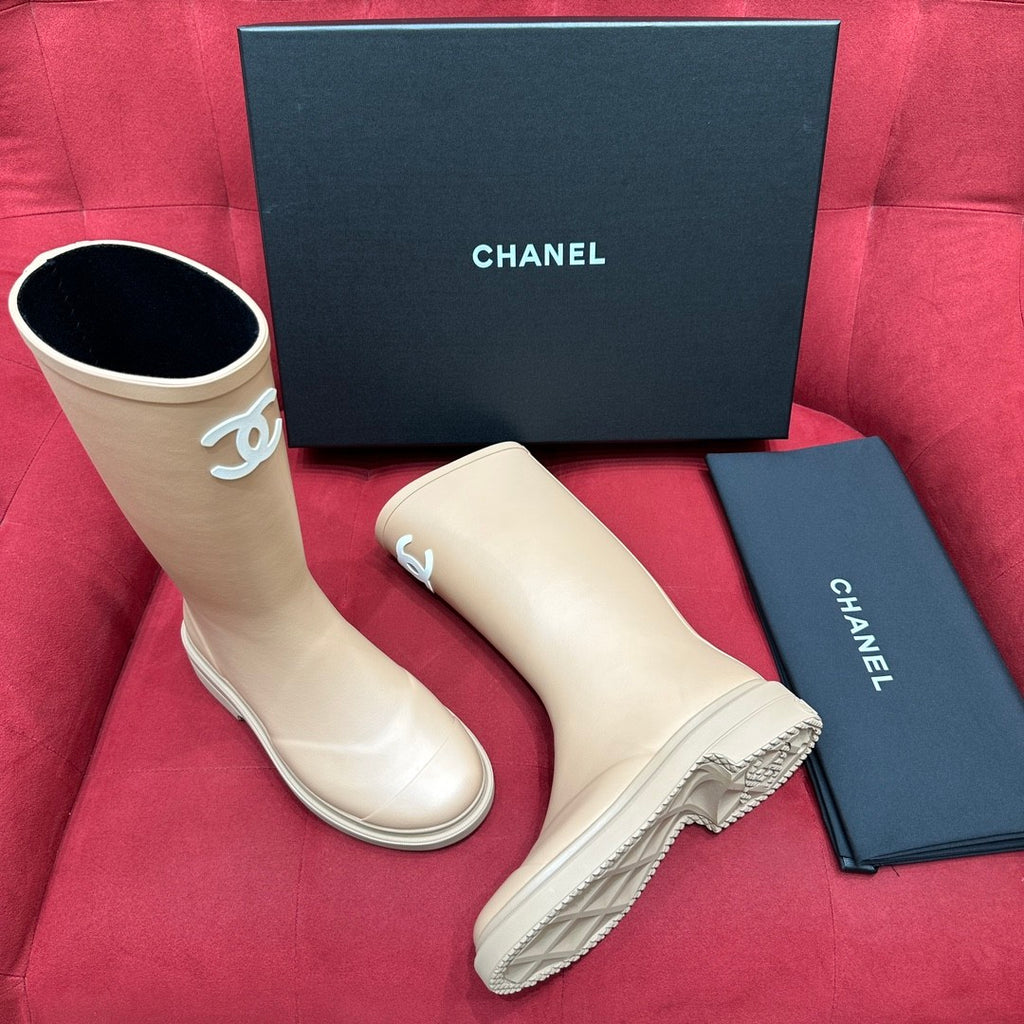 Chanel 25S Fashion Overalls Tall Boots Women's Beige Anti-Slip Rain Boots #332426