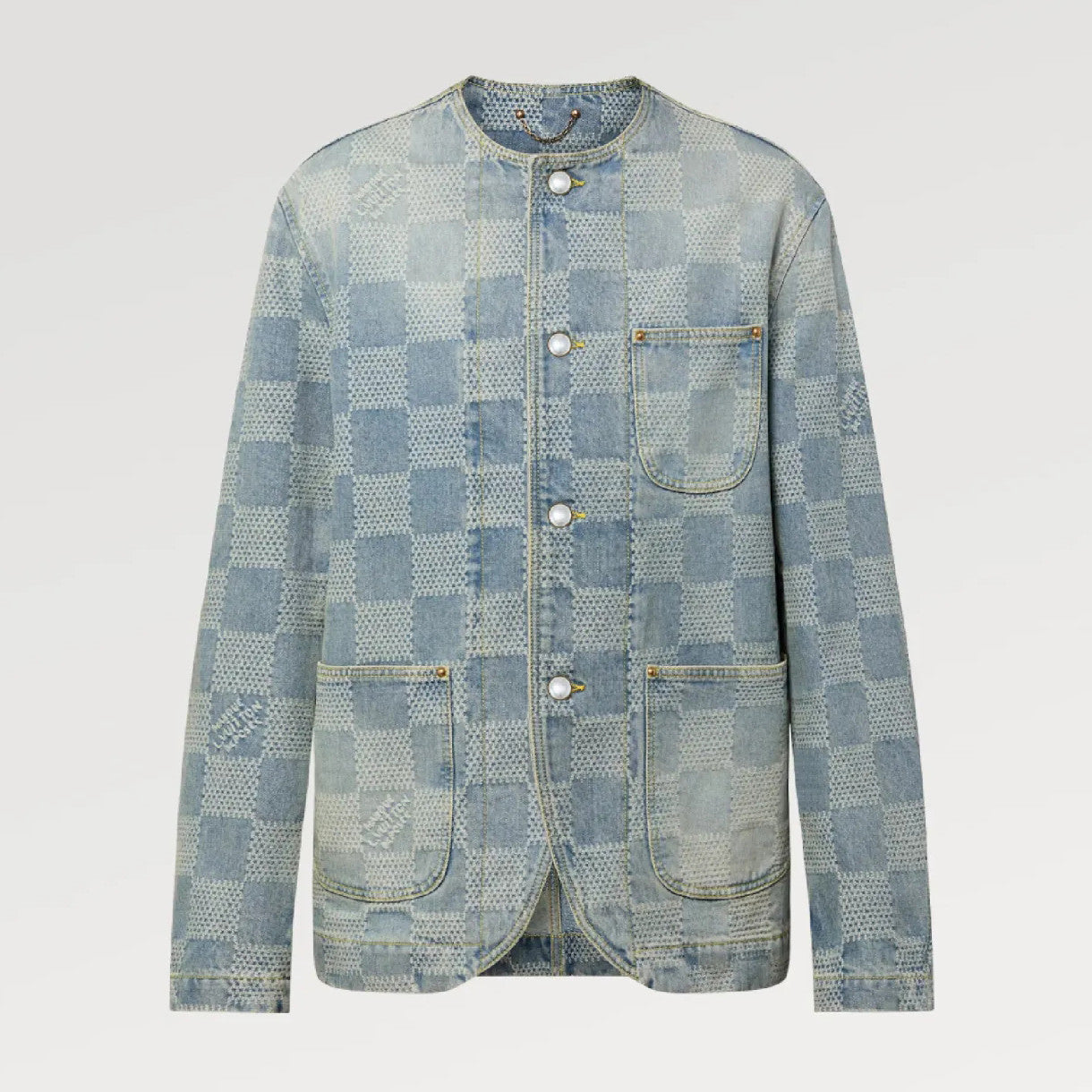 Louis Vuitton Men's Spring And Fall Fashion Plaid Denim Suit Gradient Wash Vintage Round Neck Jacket Casual Flared Pants Set #99297