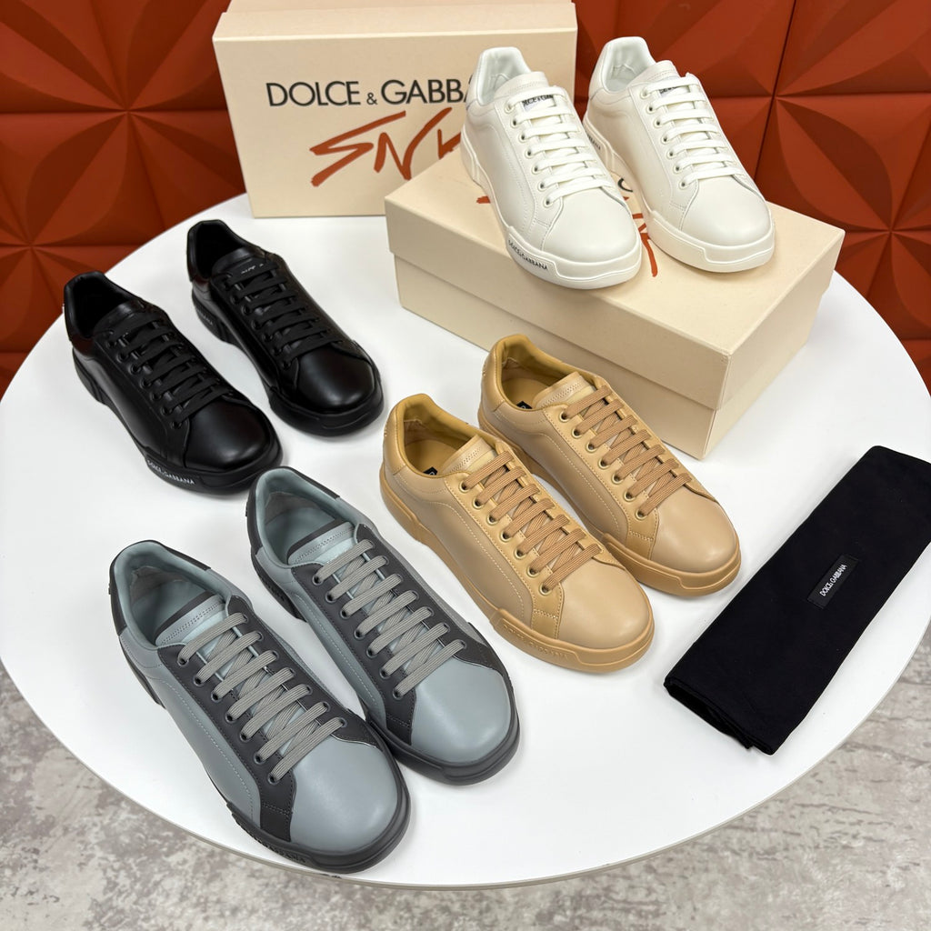 Dolce&Gabbana Men's And Women's Spring/Fall Fashion Casual Round Toe Lace Up Solid Color Leather Printed Rubber Sole Sneakers Shoes #78728