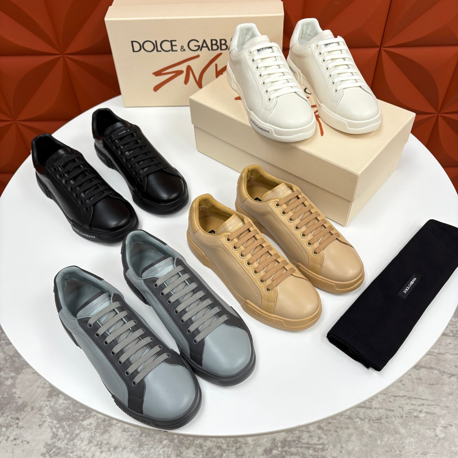 Dolce&Gabbana Men's And Women's Spring/Fall Fashion Casual Round Toe Lace Up Solid Color Leather Printed Rubber Sole Sneakers Shoes #78728
