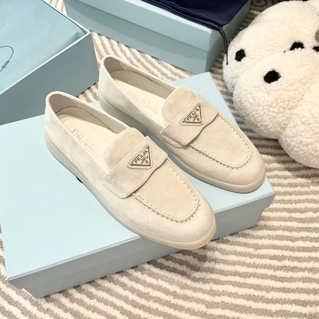 Prada Men's And Women's Spring/Summer Solid Color Fashionable Casual Round Toe Slip On Loafers In Cow Suede With Triangular Logo Shoes #78267