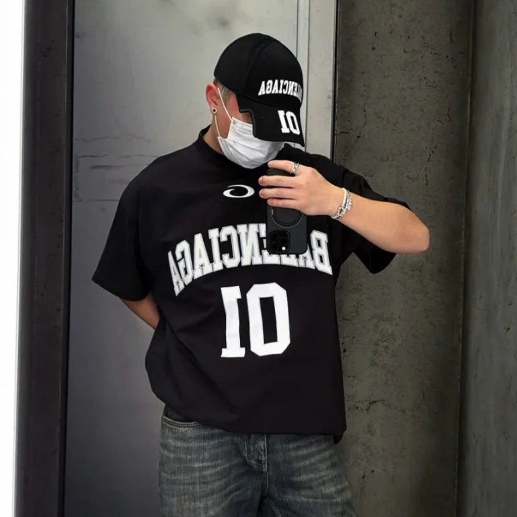 Balenciaga Basketball Series Men's Black And White Retro Plain Knit Silhouette T-shirt 01 Jersey High Street Trendy Short Sleeve Round Neck Loose T-shirt #71857