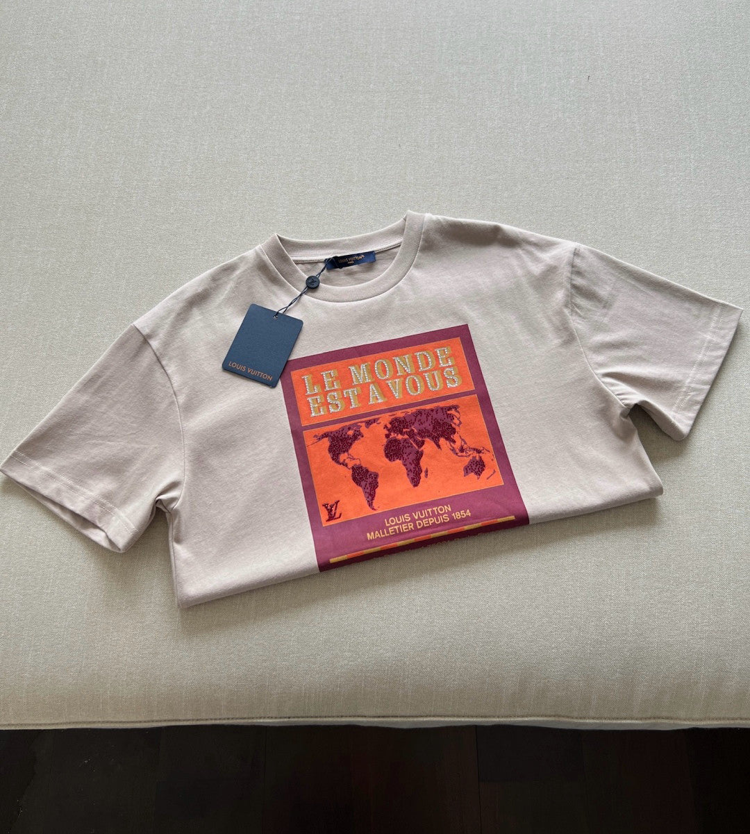 Louis Vuitton Men's Summer World Map Hot Drill Pattern Printed Cotton Round Neck Short Sleeve T-Shirt #76268