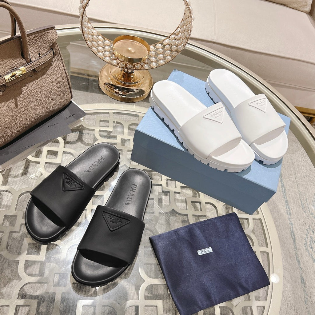 Prada Men's And Women's Summer Solid Colour Cowhide Leather Sandals And Slippers Shoes #76974