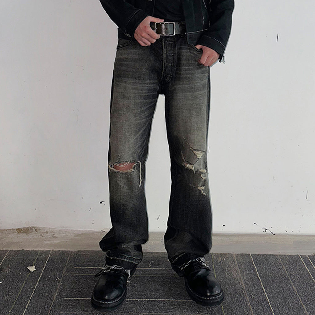Celine Men's Spring Autumn Dark Style Knife Cut Washed Destroyed Straight Baggy Jeans Loose Denim Pants Straight Trousers  Ngvp#1563