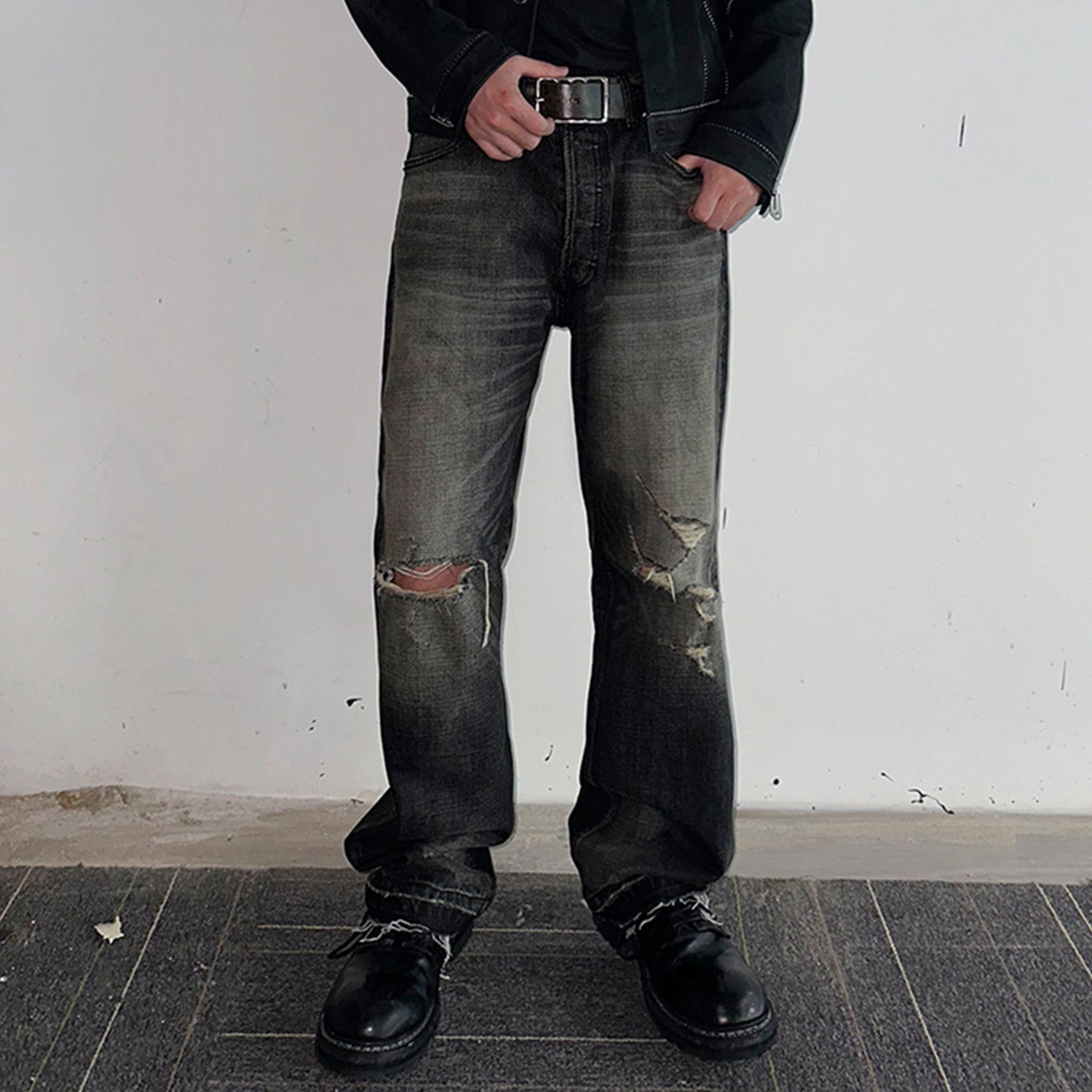Celine Men's Spring Autumn Dark Style Knife Cut Washed Destroyed Straight Baggy Jeans Loose Denim Pants Straight Trousers  Ngvp#1563