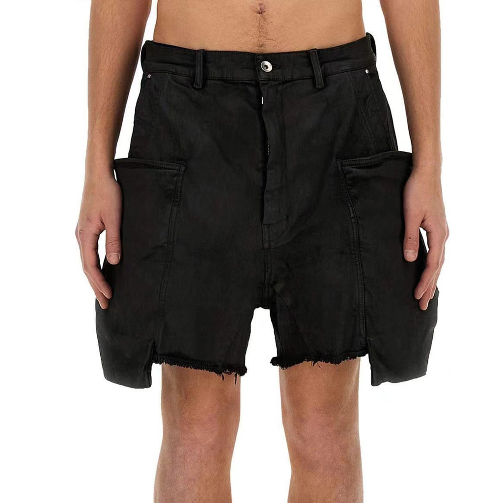 Rick Owens Men's Summer Mid Waist Zipper Loose Straight Waxed Casual Black Multi-Pocket Shorts Ngvp #8661