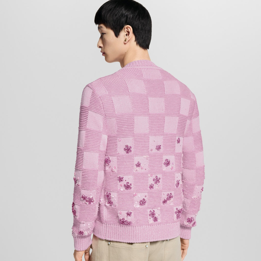 Louis Vuitton DAMIER Men's And Women's Spring/fall Fashion Casual Crew Neck Single-button Checkered Pattern Sweater With Delicate Floral Embroidery Details Knit Cardigan #79247