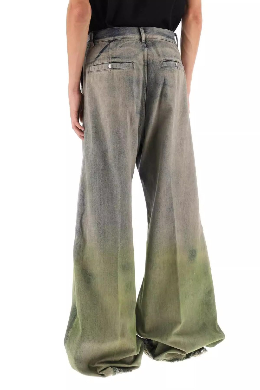 Rick Owens Men's Women's Four Seasons Gradient Yellow Green Washed Vintage Hole Breaking Wide Leg Denim Long Pants Ngvp #8192