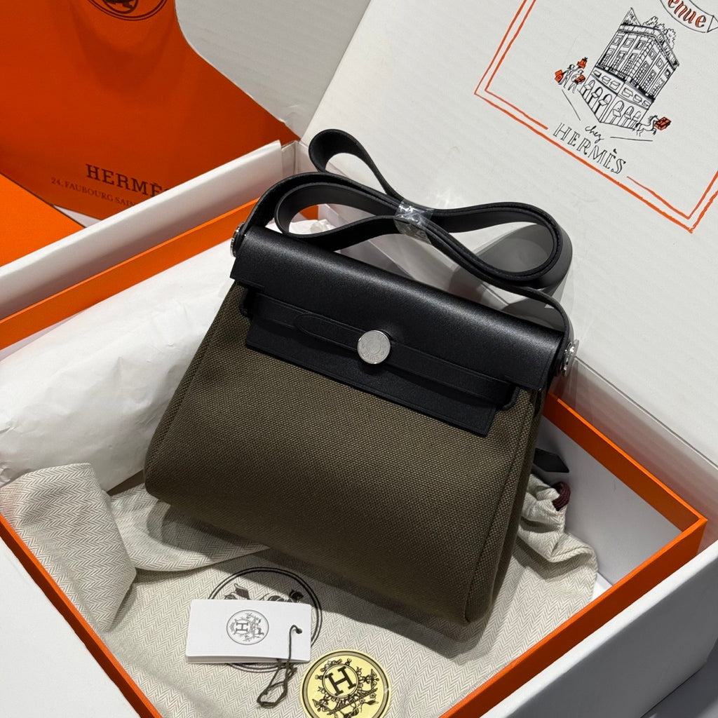 Hermes H -Mini Herbag Women's Color Blocking Metal Buckle Canvas and Cowhide Handbag Shoulder Satchel Bag Bags #76411