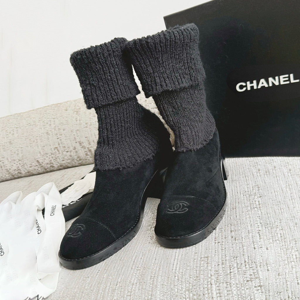 Chanel Women's Fall/winter Fashion Casual Round Toe Slip On Leather Cashmere Loop Cuff Mid Calf Boots Shoes #78536
