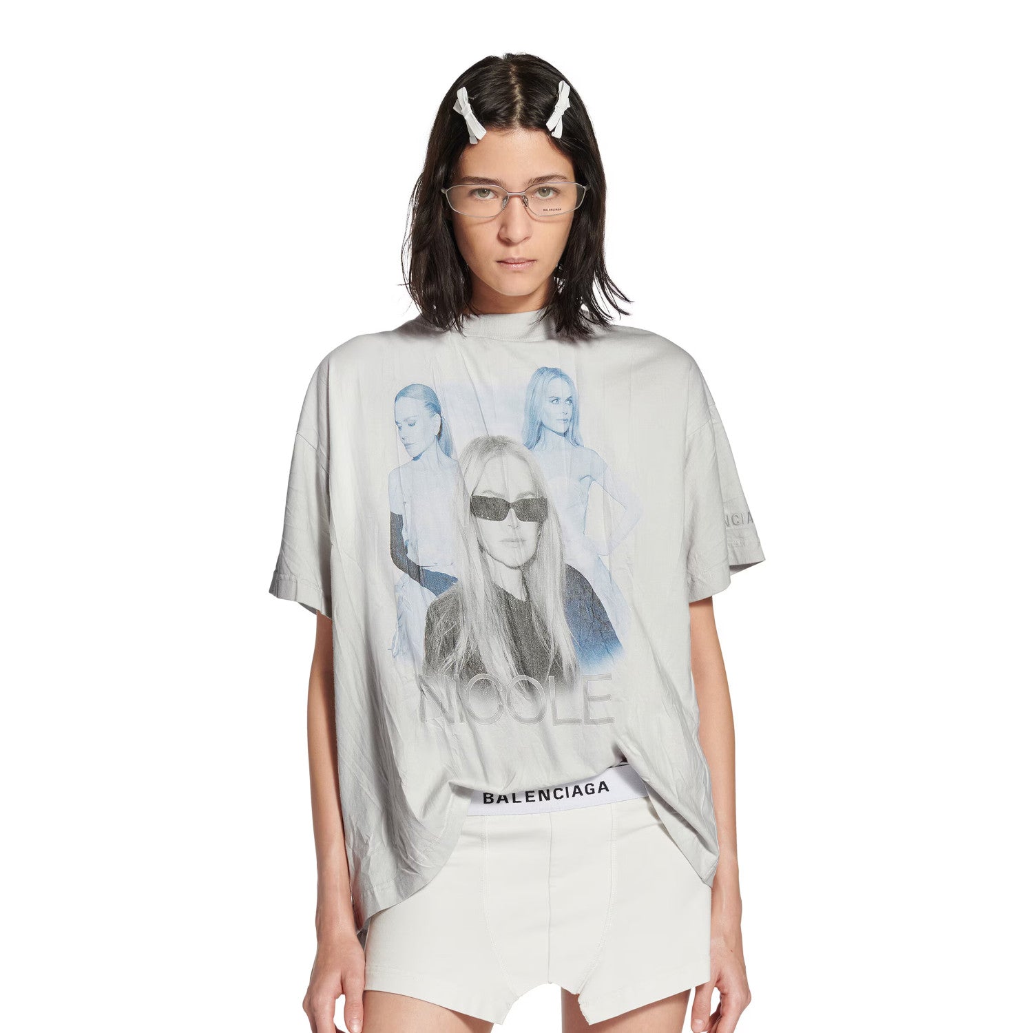 Balenciaga Nicole Kidman Ambassador Signature Portrait Men's Women's Summer Solid Color Pleated Washed Casual Loose Short Sleeve NICOLE BOXY T-Shirt Ngvp #1482