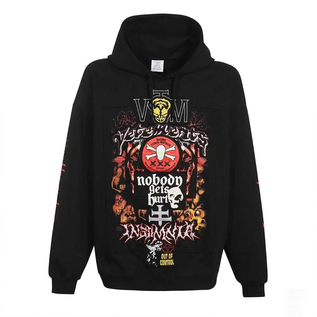 Vetements Men's Fall And Winter Black Skull Embroidery Hooded Sweatshirt Fashion Patch High Street Retro Long Sleeve Pullover Sweatshirt  Ngvp #2457