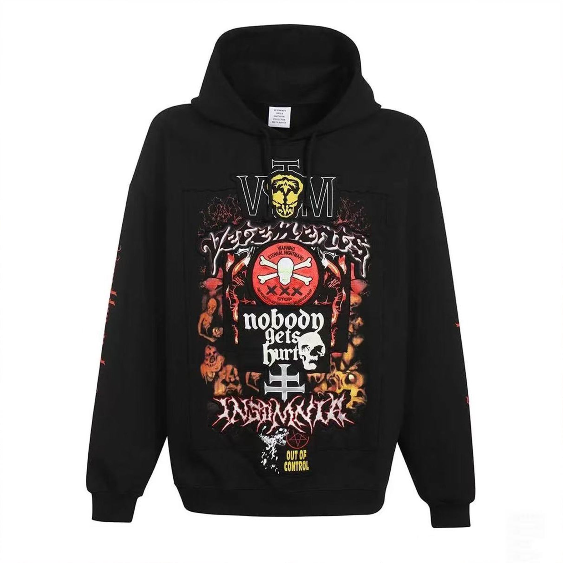 Vetements Men's Fall And Winter Black Skull Embroidery Hooded Sweatshirt Fashion Patch High Street Retro Long Sleeve Pullover Sweatshirt  Ngvp #2457