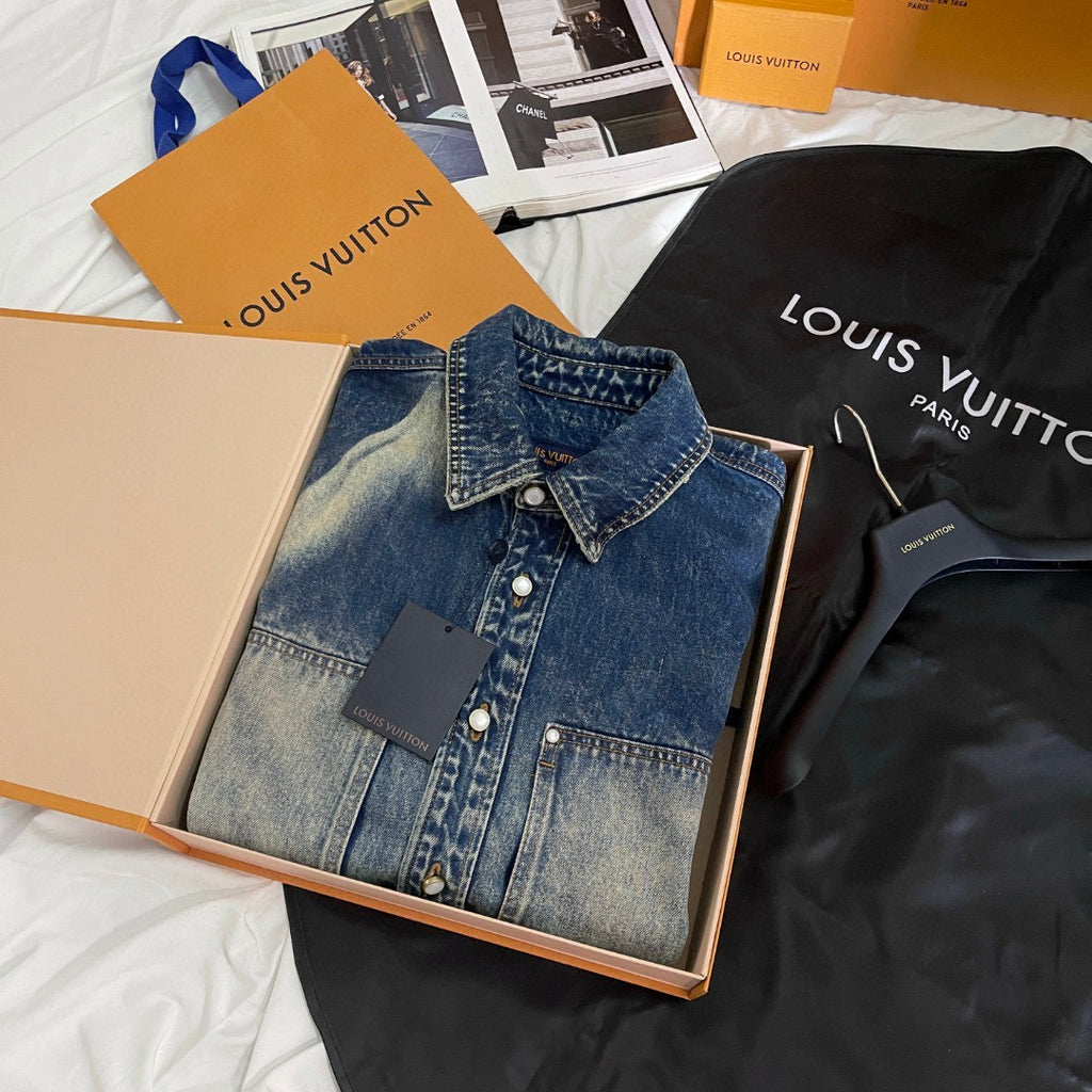 Louis Vuitton Men's Spring And Fall Blue Logo Badge Lapel Single Breasted Gradient Long Sleeved Shirt Jacket #75392