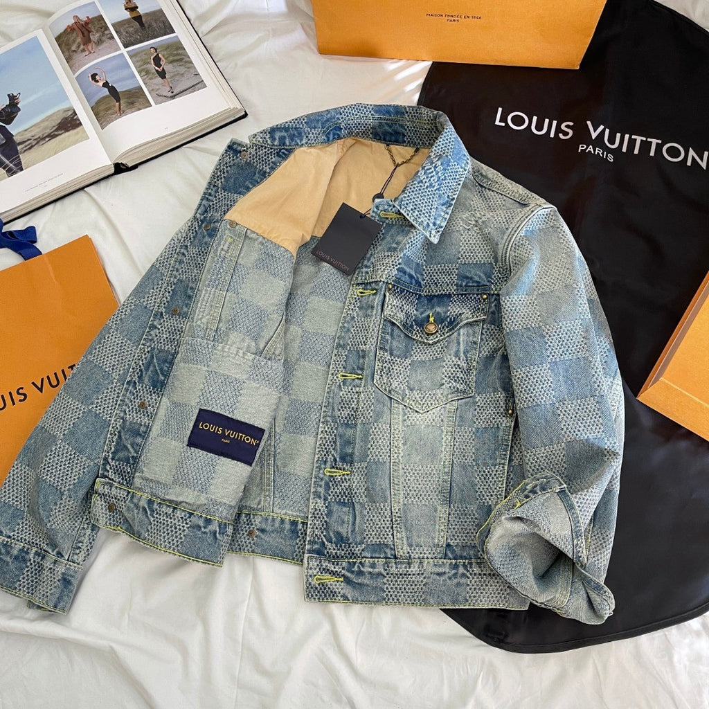 Louis Vuitton Men's Spring And Fall Checkerboard Print Single Breasted Long Sleeved Denim Jacket Button Jeans Pants Suit Set #75884