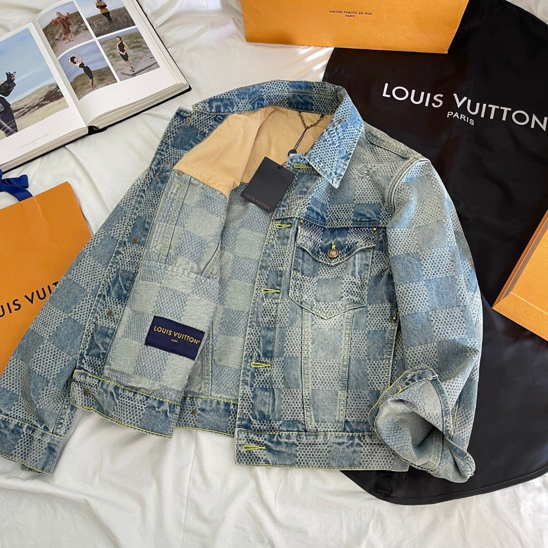 Louis Vuitton Men's Spring And Fall Checkerboard Print Single Breasted Long Sleeved Denim Jacket Button Jeans Pants Suit Set #75884