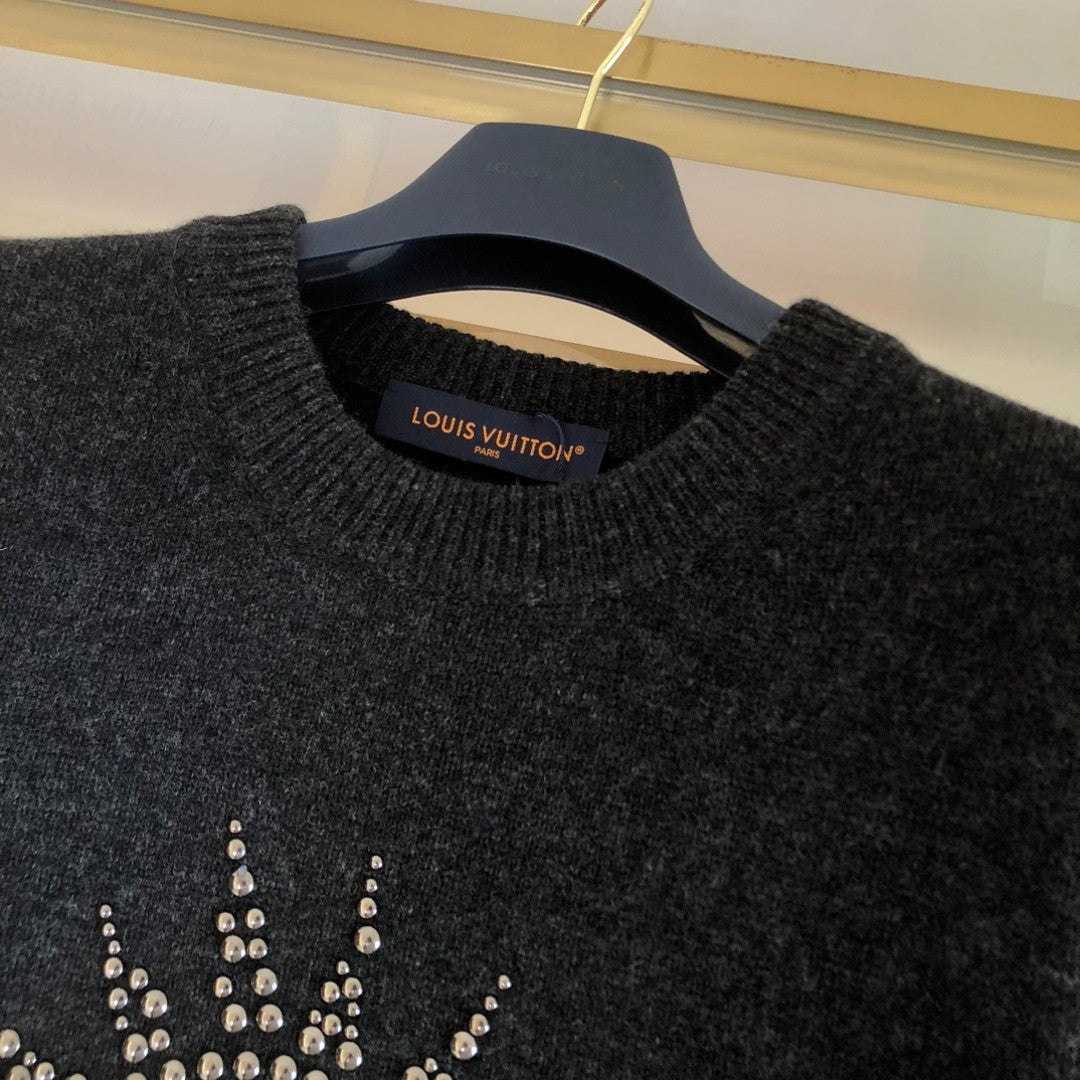 Louis Vuitton Men's Spring and Autumn Black Beaded Logo Geometric Print Round Neck Long Sleeve Sweater Pullover #72971