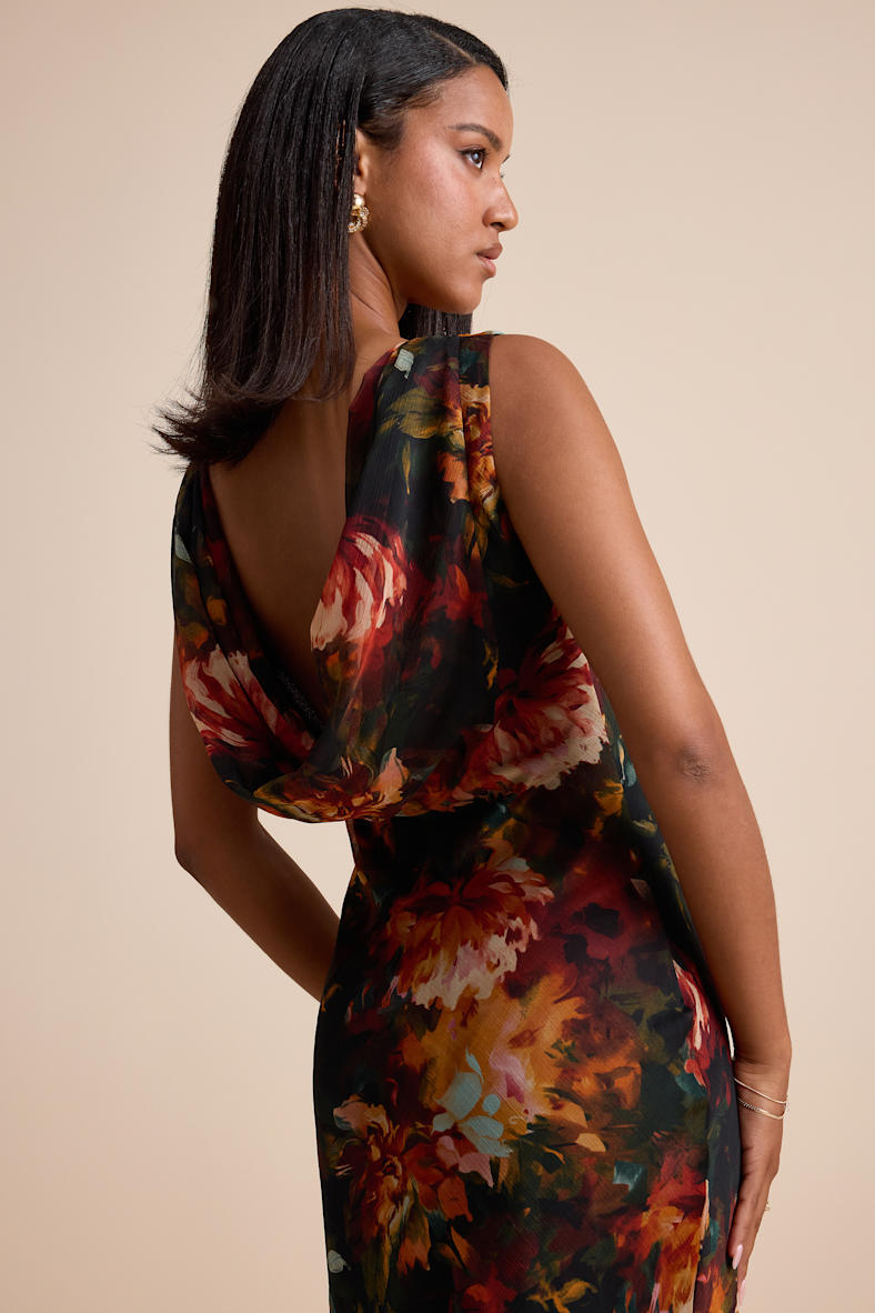 Yaneli Black Multi Floral Boat Neck Cowl Back Maxi Dress