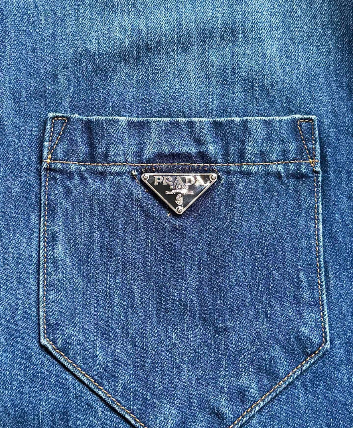 Prada Men's Spring Summer Solid Colour Metal Triangle Logo Single Breasted Short Sleeve Denim Shirt Jacket #76867