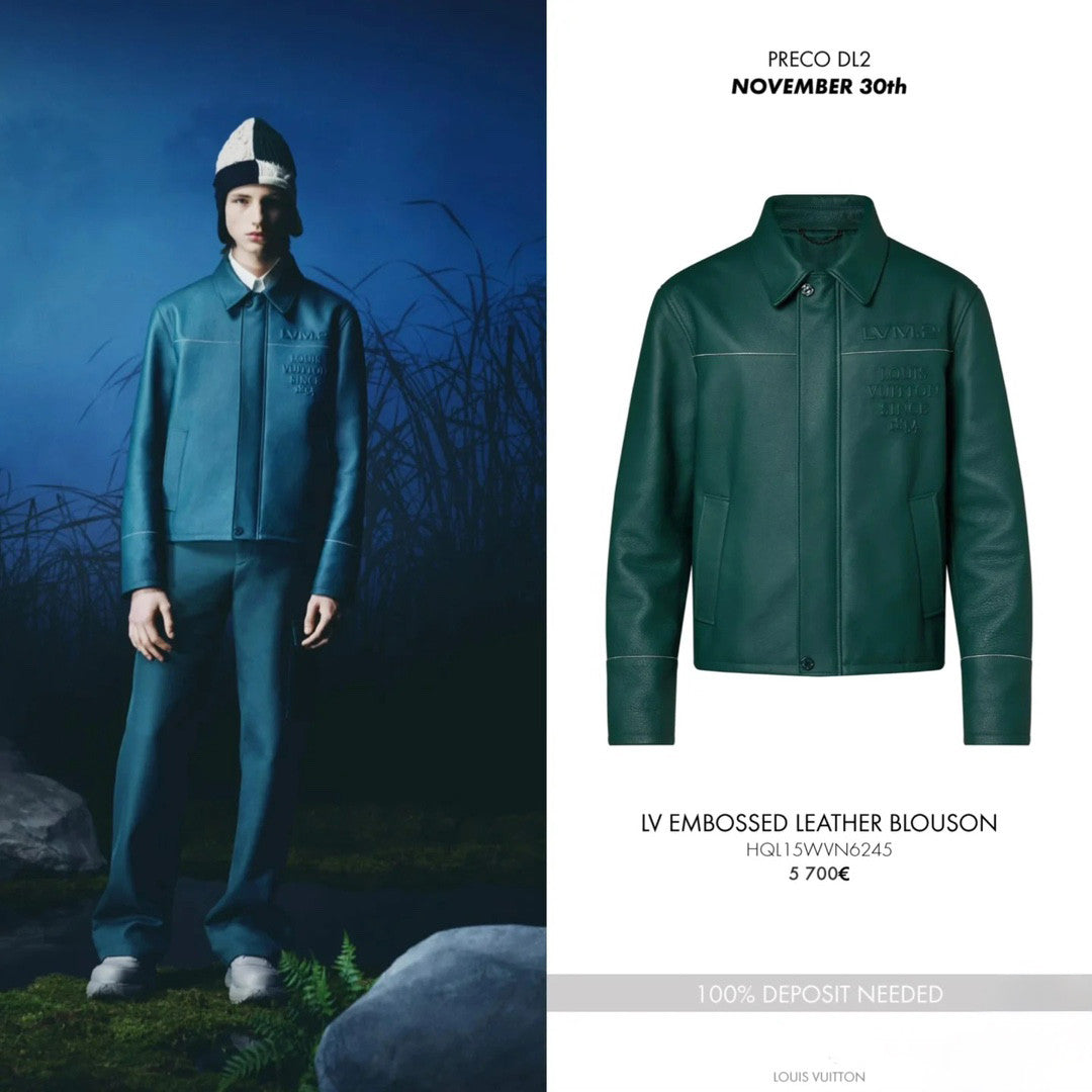 Louis Vuitton Men's Fall And Winter Green Retro Embossed Leather Long-sleeved Shirt Cowhide Jacket Fashion Trend Leisure Lapel Zipper Leather Jacket #81126