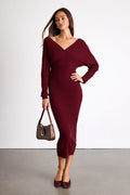 Bixby Burgundy Ribbed Surplice Bodycon Midi Dress