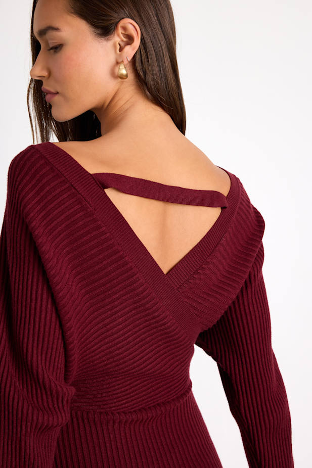 Bixby Burgundy Ribbed Surplice Bodycon Midi Dress