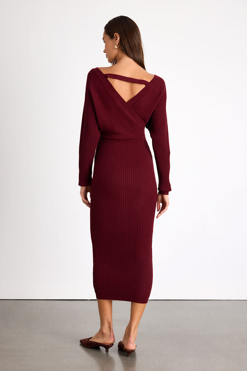 Bixby Burgundy Ribbed Surplice Bodycon Midi Dress