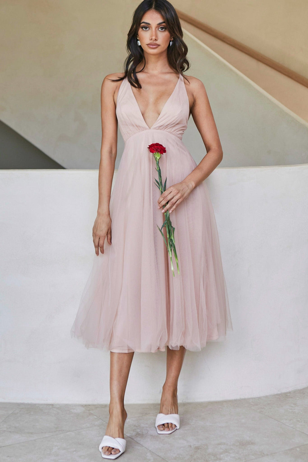 Floating By Plunging Neckline Mesh Overlay Midi Dress Apricot