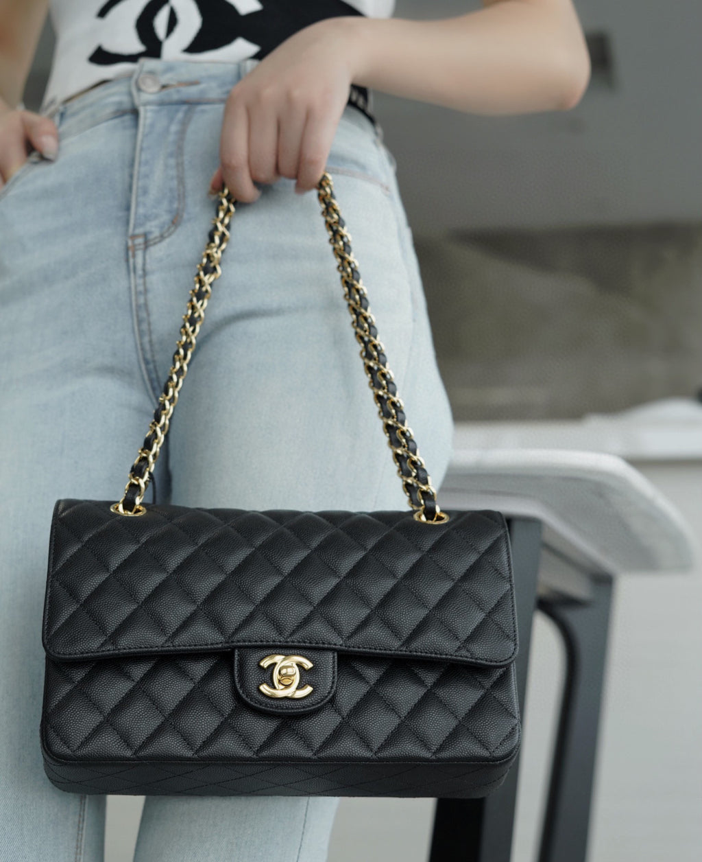 Chanel Women Classic Flap Solid Color Particle Embossed Calfskin Chain Bag Mouth Cover Bag Casual Shoulder Bags CF #71675