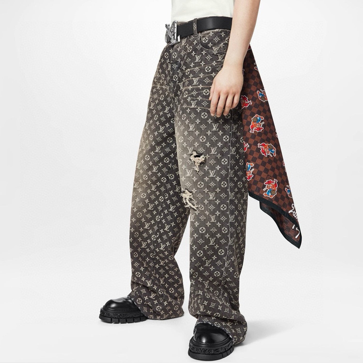 Louis Vuitton Men's Retro Washed And Embroidered Monogram Pattern Loose Jeans Spring And Autumn Fashion High Street Straight Wide Leg TrousersCasual Pants #71848