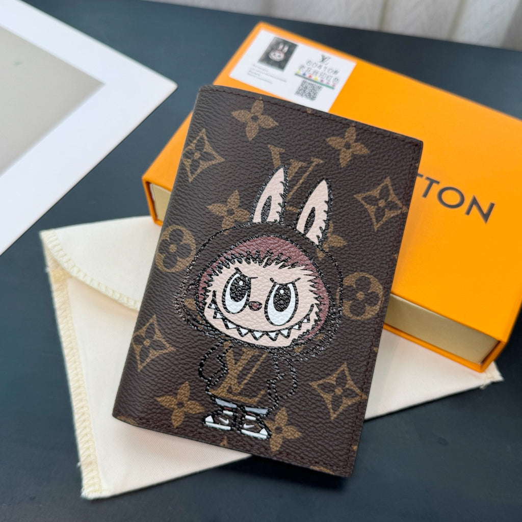 Louis Vuitton Labubu Pattern Printed Flip-Top Brown Leather Wallet Passport Holder with Letter Print Bag Bags #77788