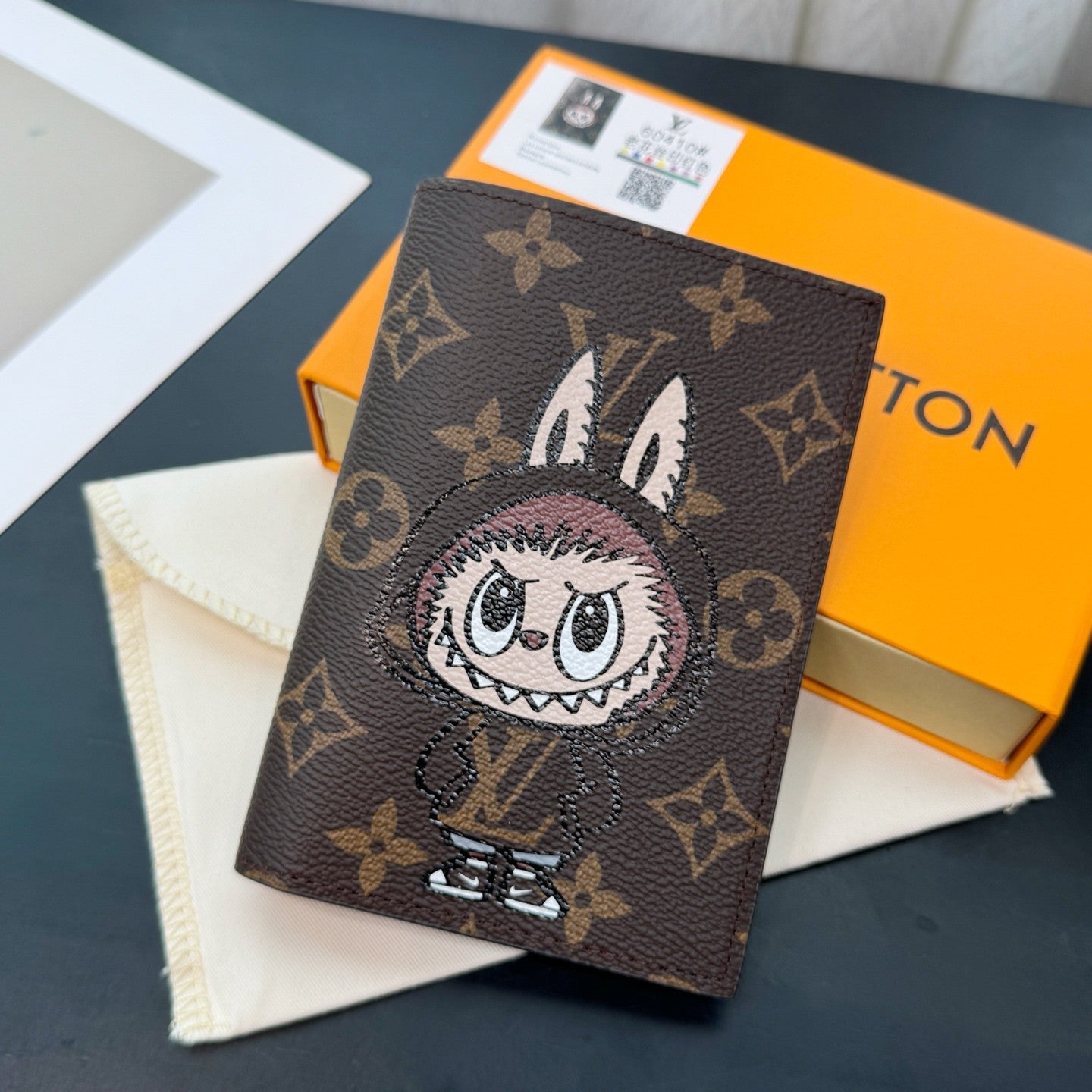 Louis Vuitton Labubu Pattern Printed Flip-Top Brown Leather Wallet Passport Holder with Letter Print Bag Bags #77788