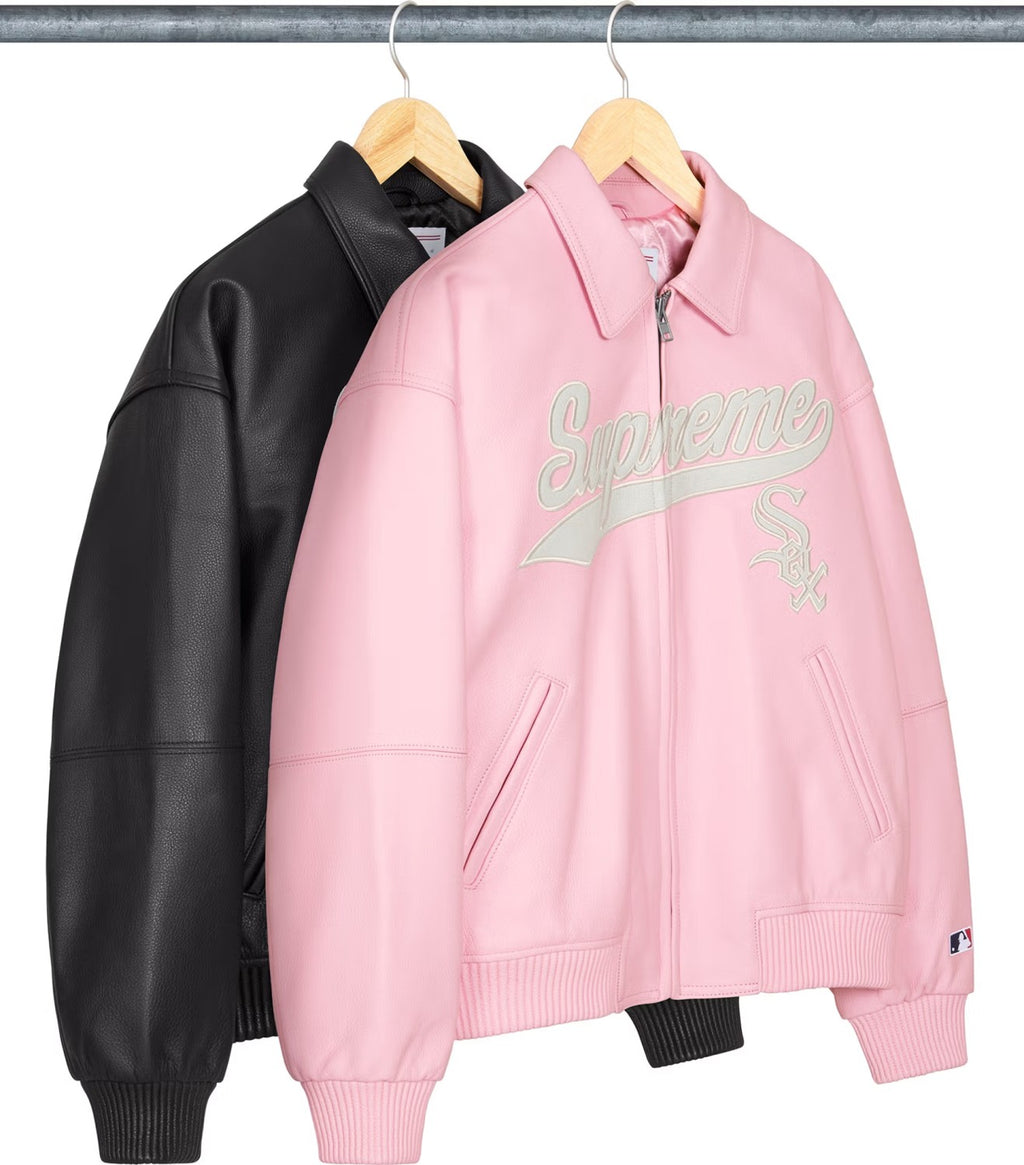 Supreme x Chicago White Sox FW25 WEEK5  Men's and Women's Leather Logo Patch Zipper Closure Varsity Jacket #332978