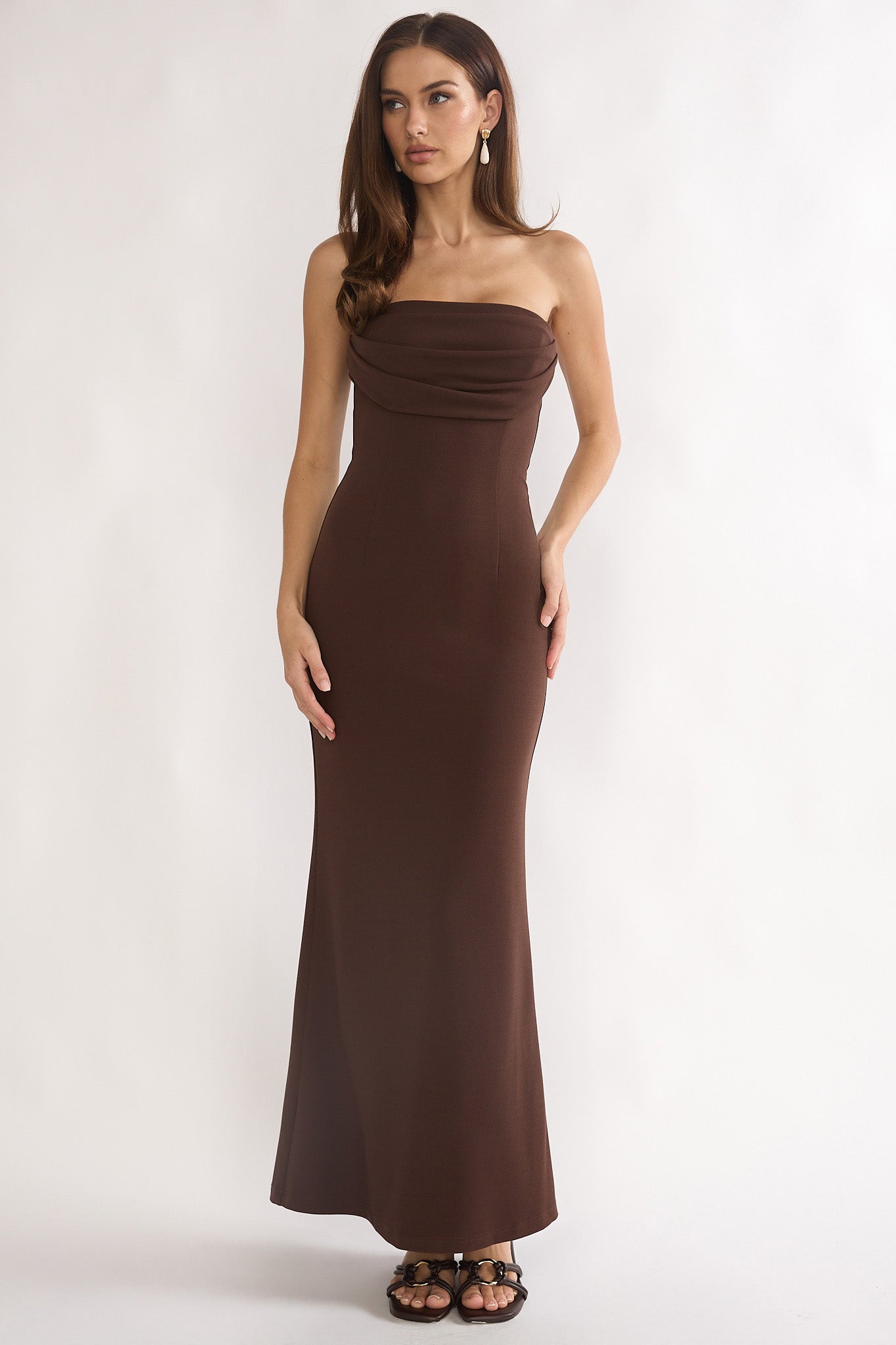 Well Versed Strapless Pleat Bust Maxi Dress Chocolate