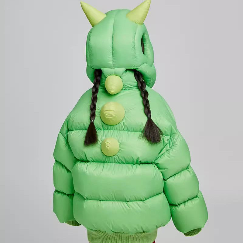 Kid's Autumn And Winter Solid Color Three-Dimensional Cutting Dinosaur Cap Hooded Loose Long-Sleeved Puffer Down Jacket #31323