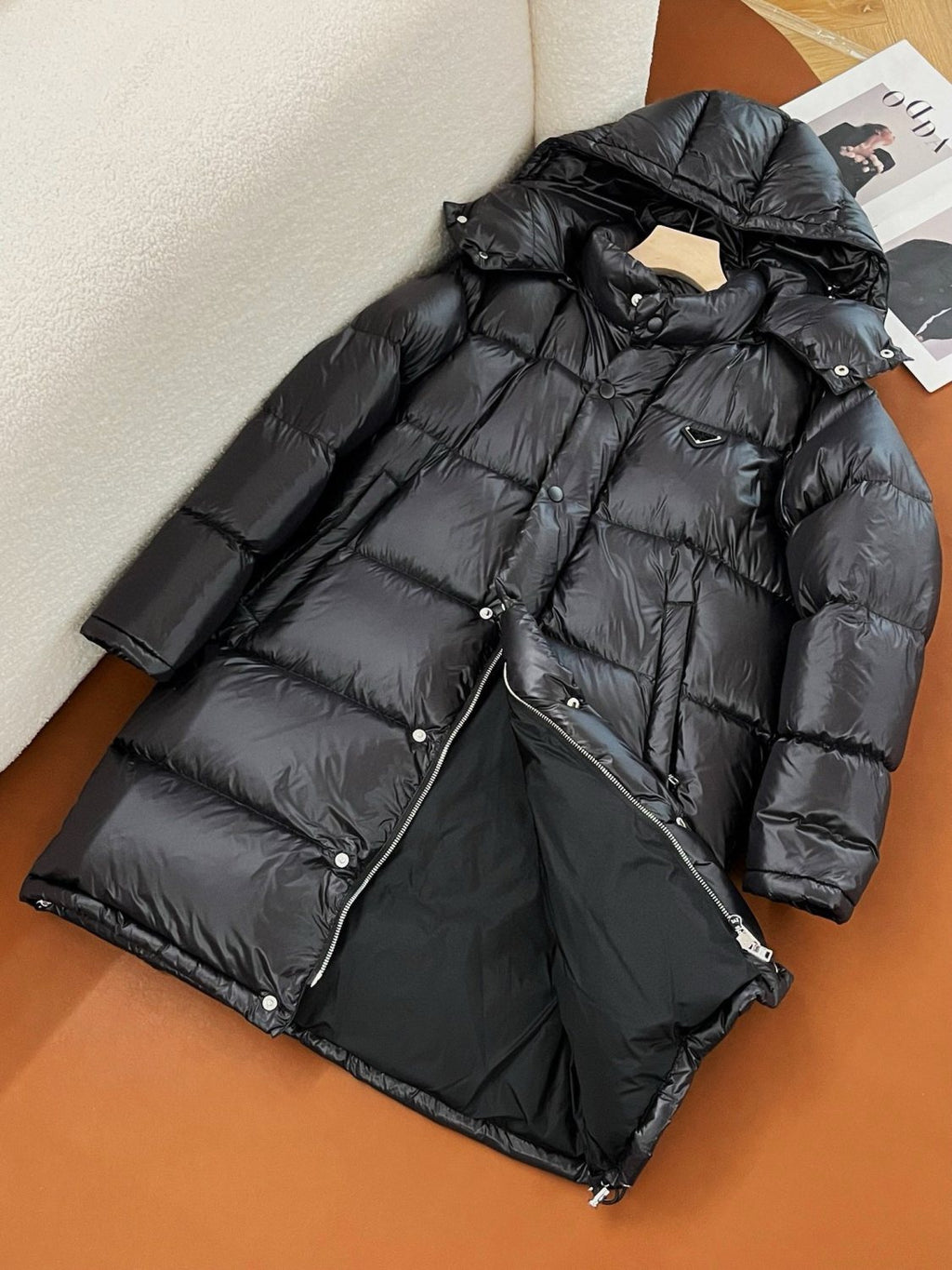 Prada Men's And Women's Autumn And Winter Solid Color Quilted Fluffy Medium Length Hooded Puffer Down Jacket #74389