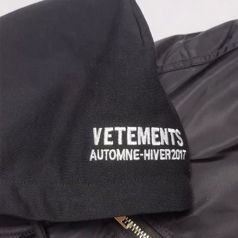 Vetements Men's Fall And Winter Black Embroidered Cotton Long Sleeve Loose Down Jacket Ngvp #6926