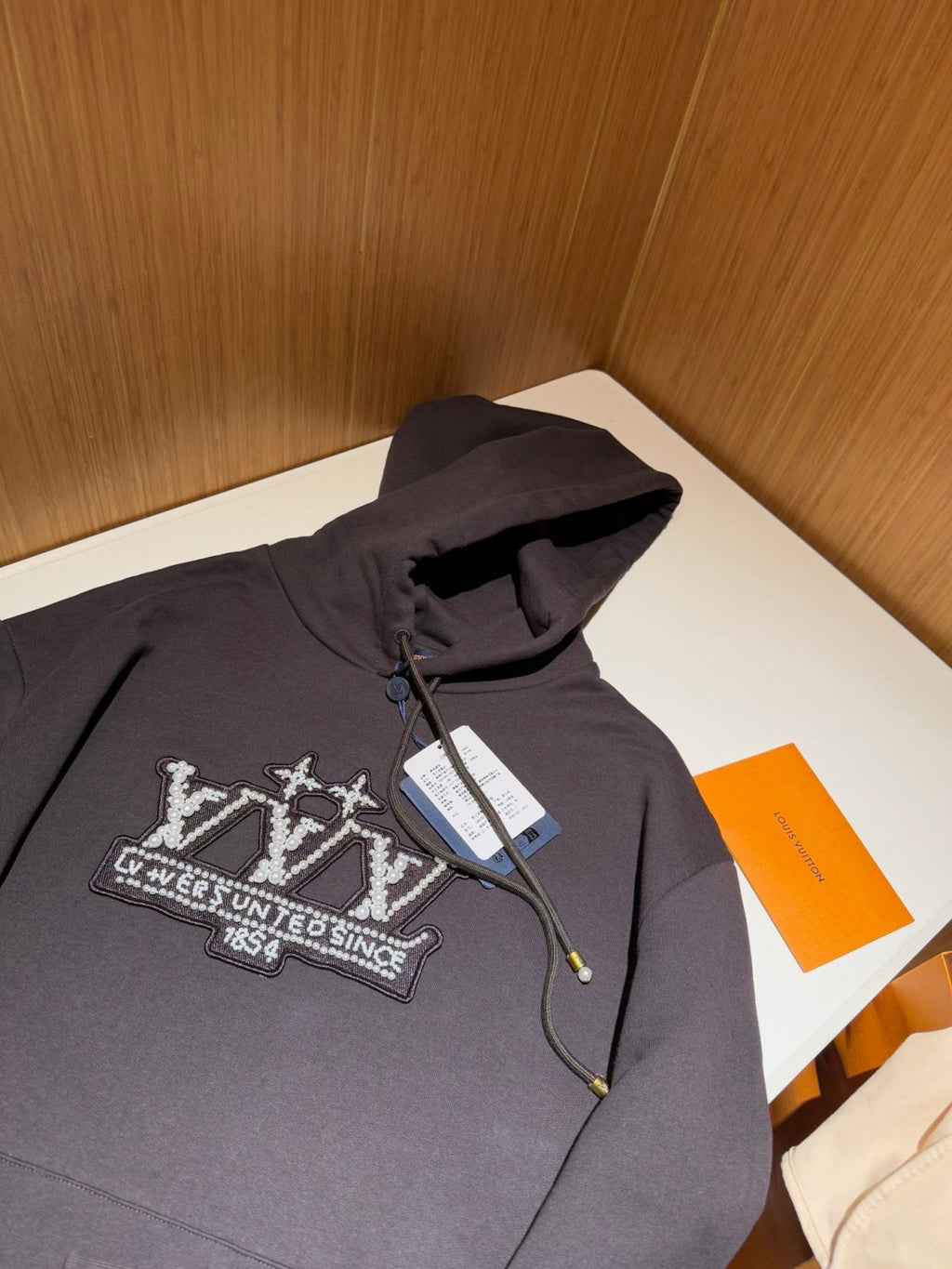 Louis Vuitton Men's Spring/Autumn Solid Color Beaded Embroidery Pattern Printed Drawstring Hooded Long Sleeve Sweatshirt #77951