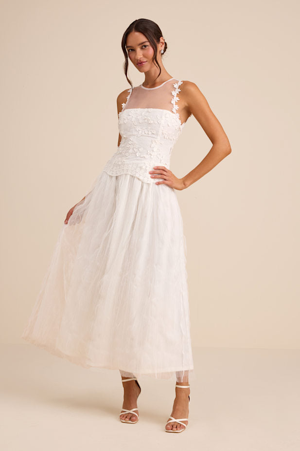 Bina White Embroidered Sleeveless Midi Dress