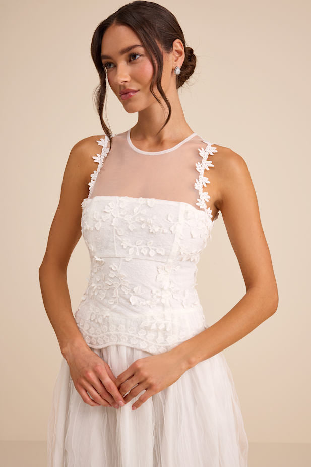 Bina White Embroidered Sleeveless Midi Dress