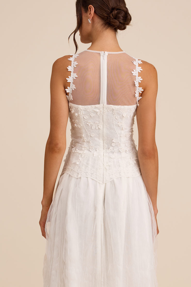 Bina White Embroidered Sleeveless Midi Dress