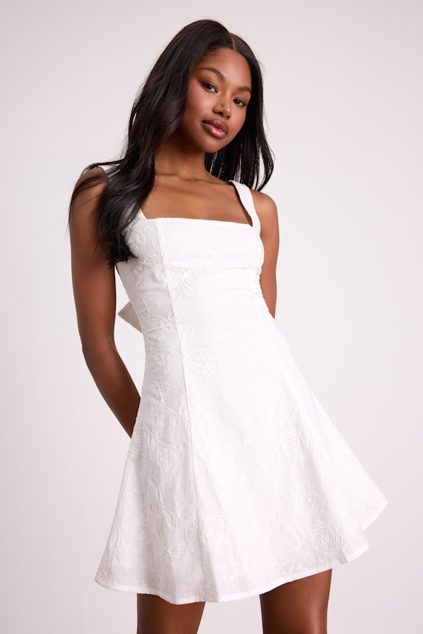 Purnella Ivory Embroidered Tie-Back Mini Dress