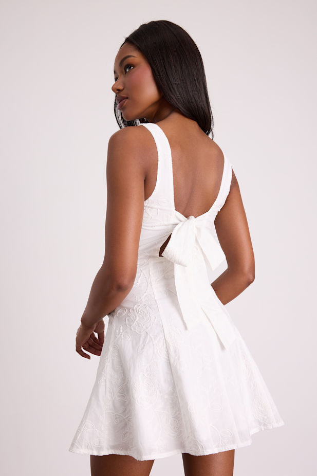 Purnella Ivory Embroidered Tie-Back Mini Dress