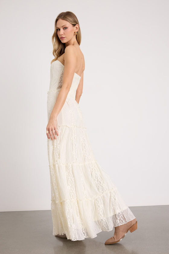 Nora Ivory Lace Strapless Tiered Maxi Dress