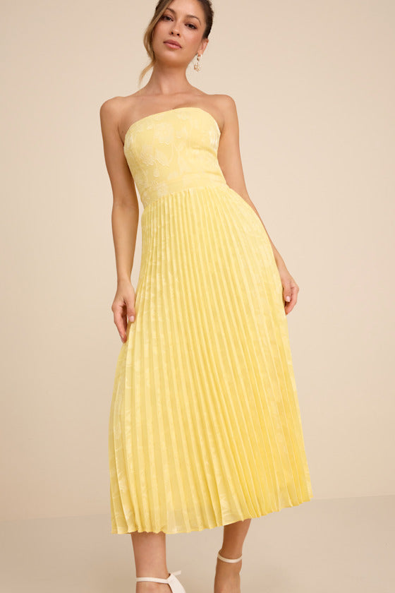 Perfectly Stunning Yellow Jacquard Strapless Midi Dress