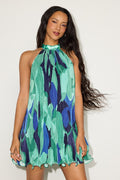 Vaivah Green Abstract Satin Plisse Mock Neck Swing Mini Dress