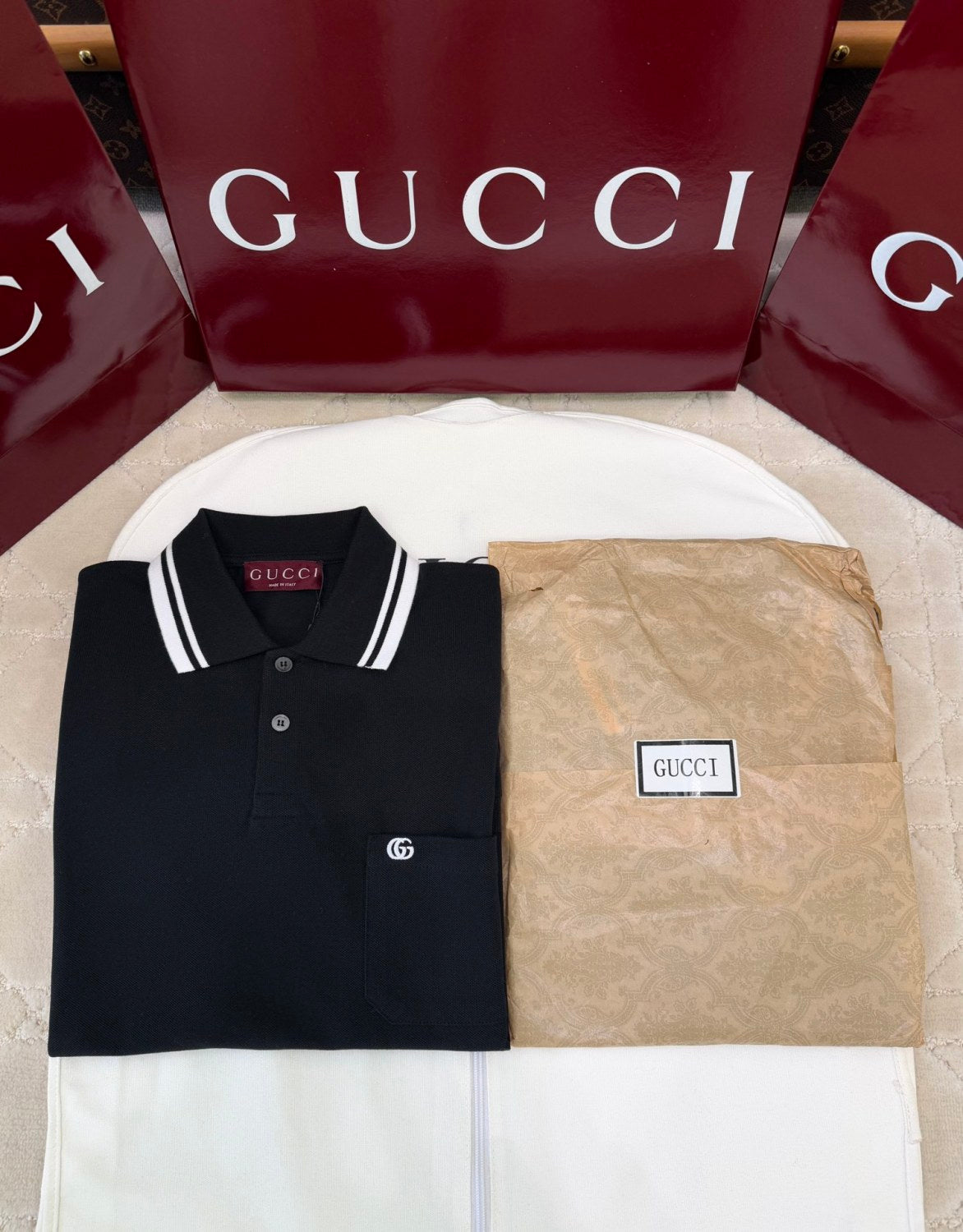 Gucci Men's Summer Striped Lapel Solid Color Straight Cotton Polo Shirt Short Sleeve T-Shirt #75296